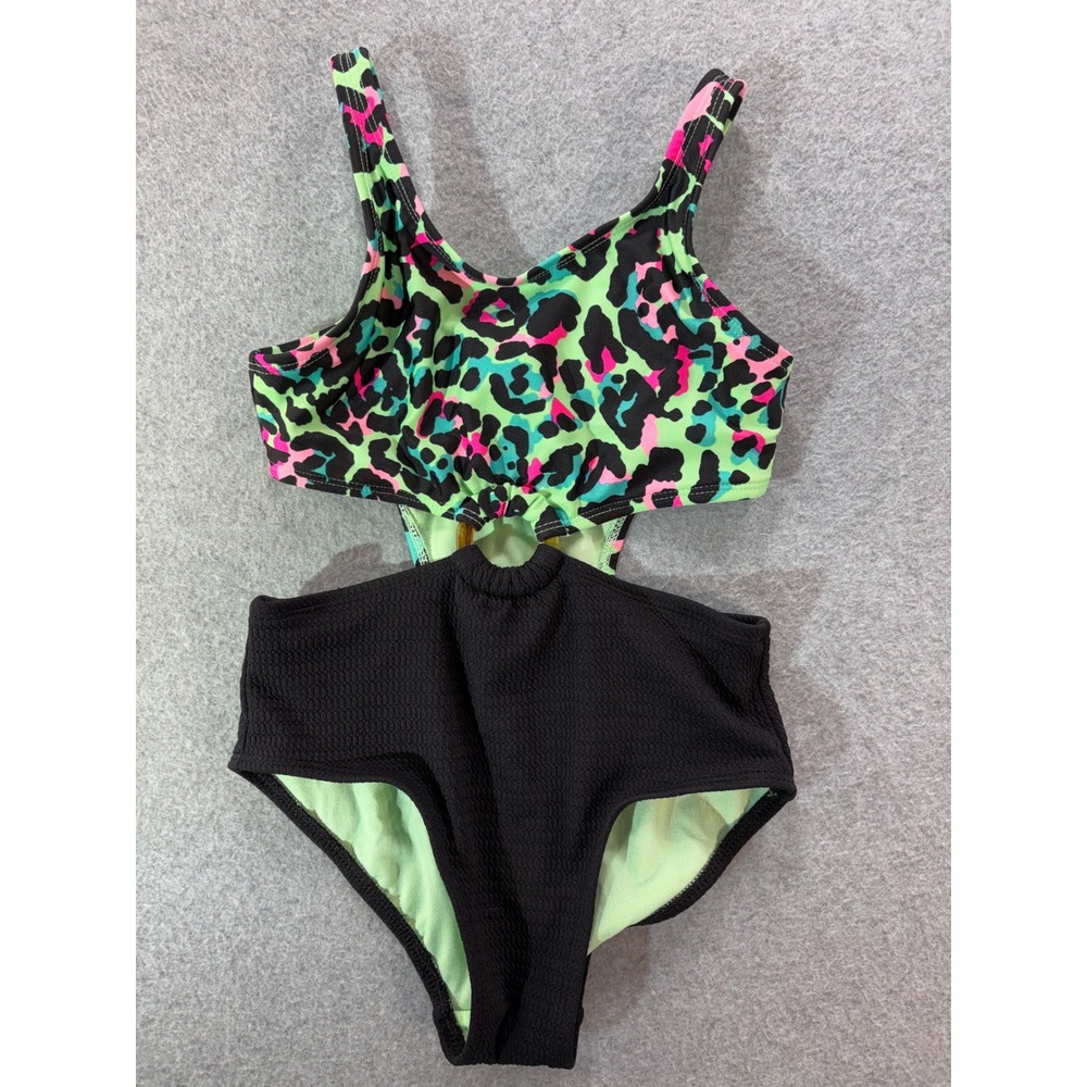 Target Neon Leopard Print Cutout One Piece Swimsuit O-Ring‎ Monokini Black Green